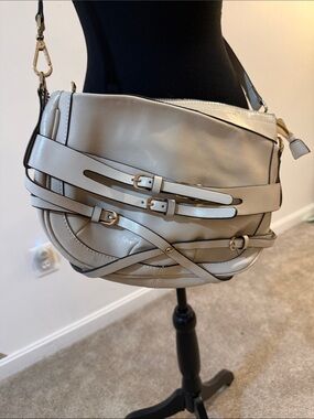 Neutral Beige Crossbody Saddle Bag with Decorative Buckle Straps
